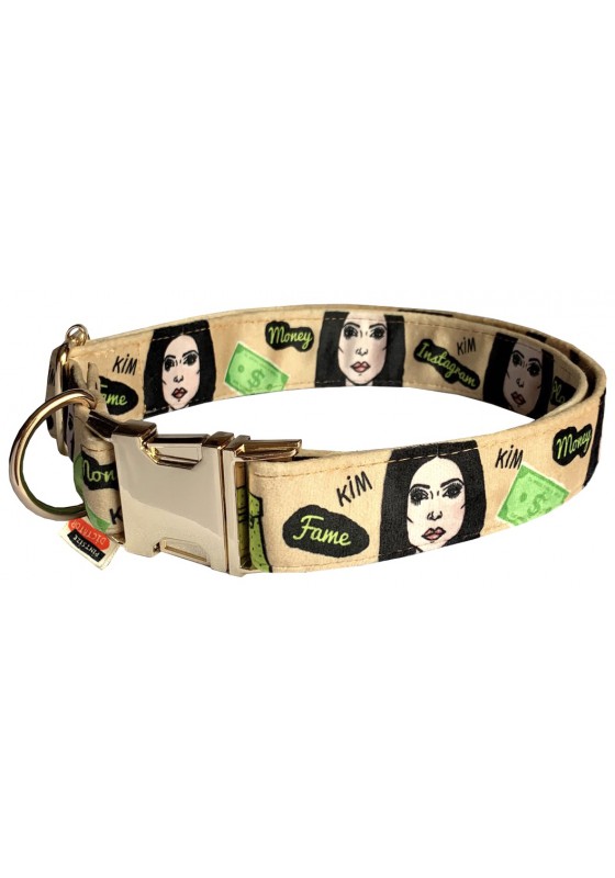 Kim-Money dog collar, quick release collar, safety textile dog collar, printed celebrity dog collar