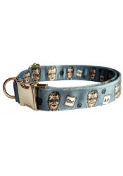 Bill Gates dog collar, quick release collar, safety collar, blue-grey textile collar, printed dog collar