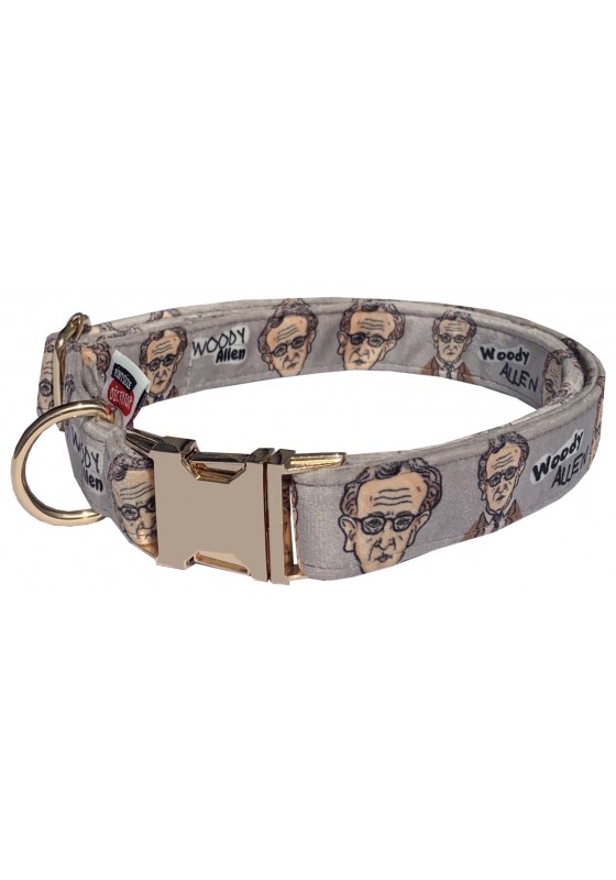 Woody Allen dog collar, quick release collar, safety textile collar, grey dog collar, printed funny dog collar